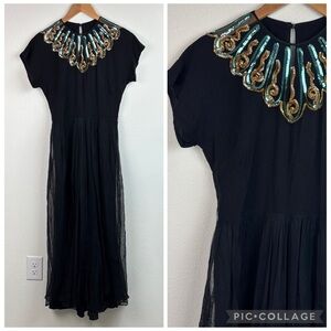 Vintage 60s crepe sheer teal gold sequin neckline fit & flare cocktail dress